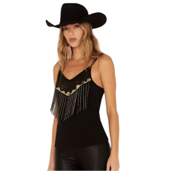 Idyllwind Black Powell Sequin Fringe Cami Top Women's Medium Adjustable Straps - Picture 1 of 16